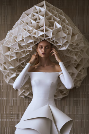 A woman wearing a white dress and a large hat. Generative AI image.の素材