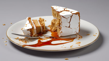 A piece of cake on a plate with a fork. Generative AI image.の素材