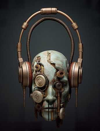 A metal head with headphones on it. Generative AI image.の素材