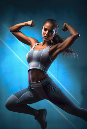 A woman in a sports bra top and leggings jumping in the air. Generative AI image.の素材