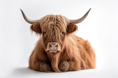 A long haired cow laying down on a white surface. Generative AI image.の素材