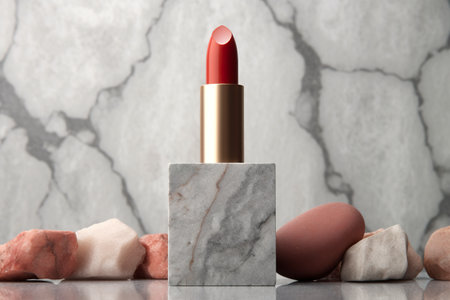 A red lipstick sitting on top of a marble block. Generative AI image.の素材