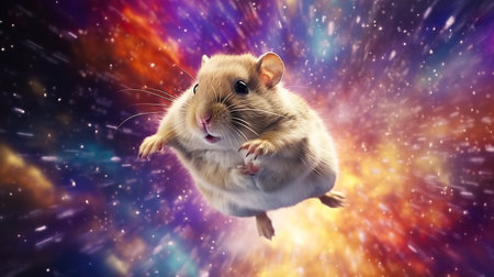 A hamster flying through a galaxy filled with stars. Generative AI image.の素材