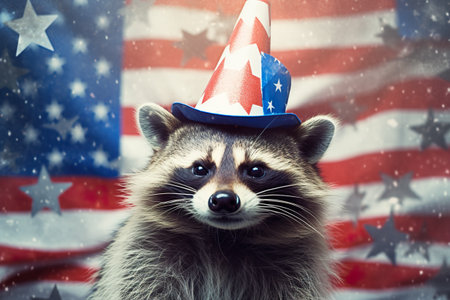 A raccoon wearing a patriotic hat in front of an american flag. Generative AI image.の素材
