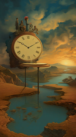 A large clock sitting on top of a desert. Generative AI image.の素材