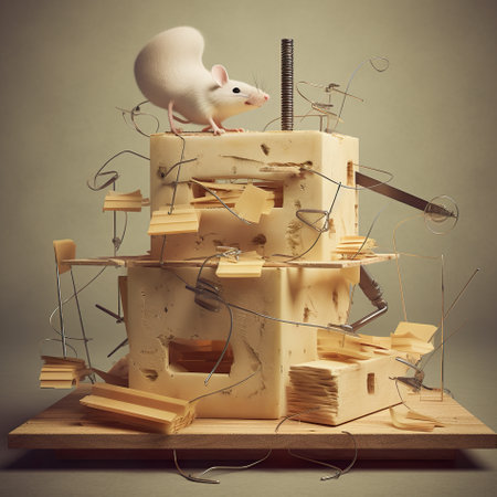 A mouse sitting on top of a block of cheese. Generative AI image.の素材