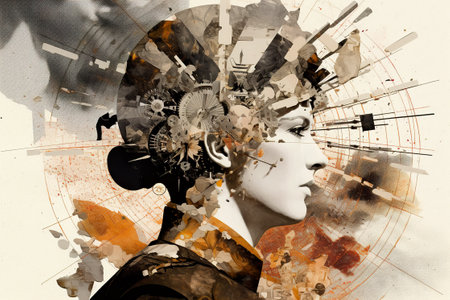 A painting of a womans head with a clock in the background. Generative AI image.の素材