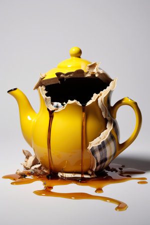 A yellow teapot with a broken lid. Generative AI image.の素材