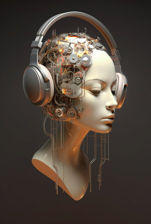 A womans head with a pair of headphones on. Generative AI image.の素材
