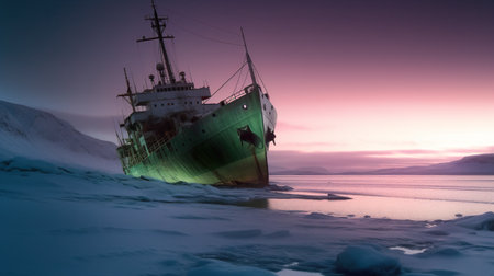 A large ship sitting on top of a snow covered beach. Generative AI image.の素材