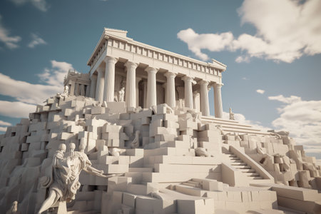 Imaginary Ancient Greek temple on top of the hill. Generative AI image.の素材