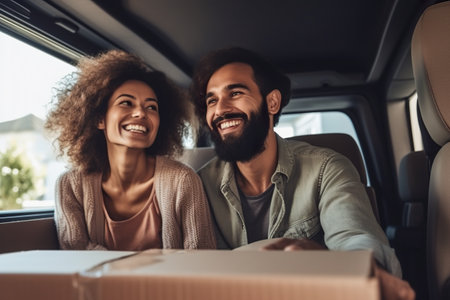 A man and woman sitting in the back seat of a car. Generative AI image.の素材
