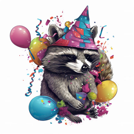 A raccoon wearing a party hat with balloons and confetti. Generative AI image.の素材