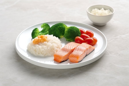 A white plate topped with salmon, broccoli and rice. Generative AI image.の素材