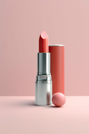 A pink lipstick and a pink container on a pink surface. Generative AI image.の素材