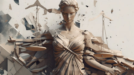 Illustration of broken justice. A statue of a woman holding a scale of justice. Generative AI image.の素材