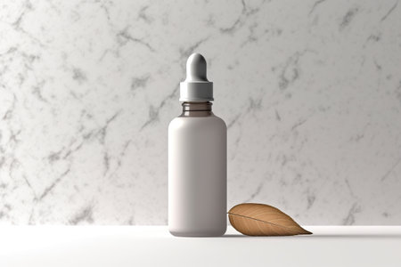 A bottle with a dropper sitting next to a leaf. Generative AI image.の素材