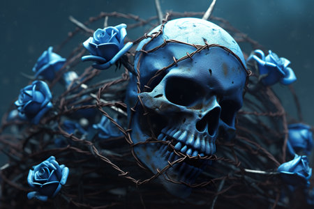 A blue skull surrounded by barbed wire and blue roses. Generative AI image.の素材