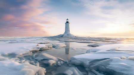 A light house is surrounded by ice on the water. Generative AI image.の素材
