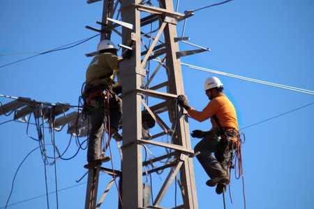 Two men working on a power pole. Generative AI image. Power line workers.の素材