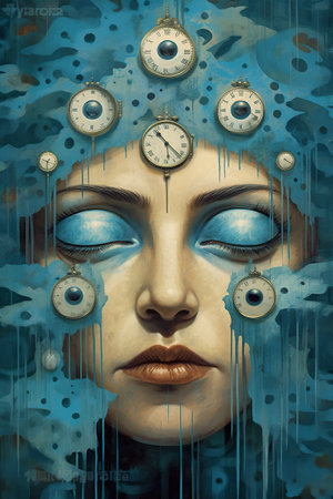 A painting of a woman with a clock on her head. Generative AI image.の素材
