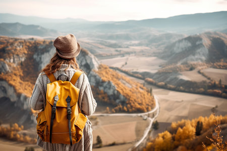 A woman with a backpack looks out over a valley. Generative AI image.の素材