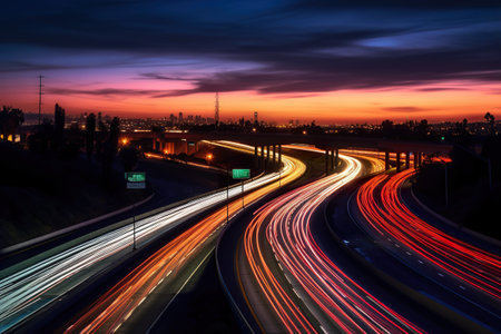 A highway with multiple lanes at night. Generative AI image.の素材