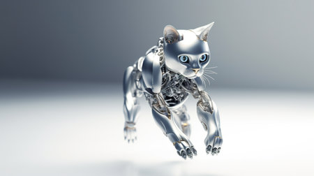 A robot cat is flying through the air. Generative AI image.の素材