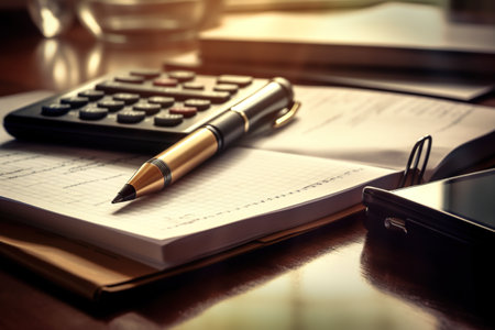 A pen, calculator, and cell phone on a desk. Generative AI image.の素材