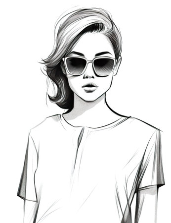 A drawing of a woman wearing sunglasses. Generative AI image.の素材