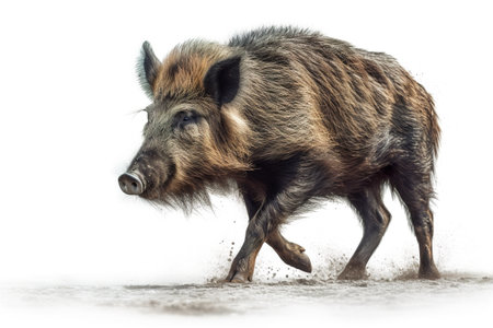A wild boar is running through the mud. Generative AI image.の素材