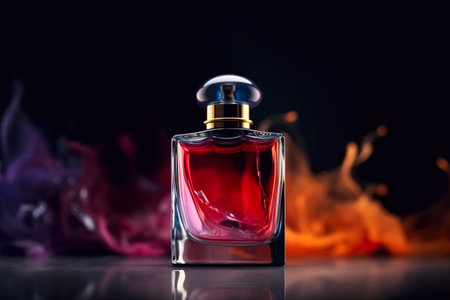 A bottle of perfume on a table with flames in the background. Generative AI image.の素材