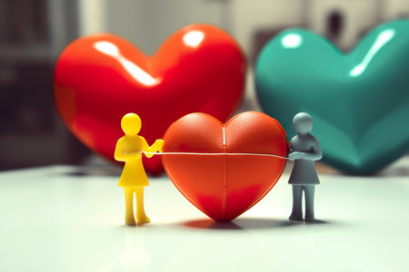 A couple of figurines standing next to a heart. Generative AI image.の素材