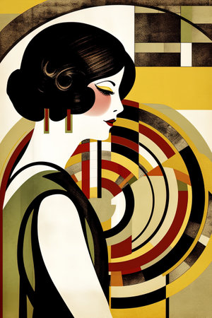 Woman in retro clothes, generative AI Bauhaus style backgroundの素材