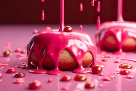 Two donuts covered in pink icing and sprinkled with candy. Generative AI image.の素材