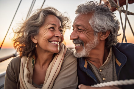 Senior Latino Couple in Love on Yacht at Sunset, Generative AIの素材