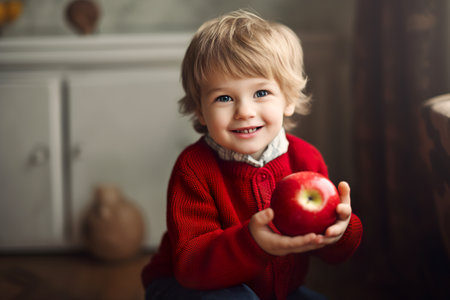 A little boy holding a red apple in his hands. Generative AI image.の素材