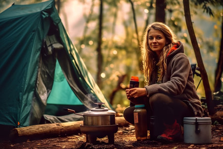 A woman sitting in front of a campfire next to a tent. Generative AI image.の素材
