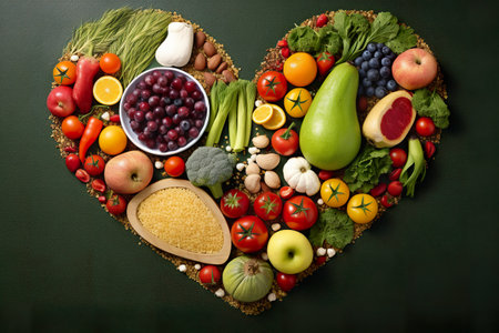 Foto per A heart shaped arrangement of fruits and vegetables. Generative AI image. - Immagine Royalty Free