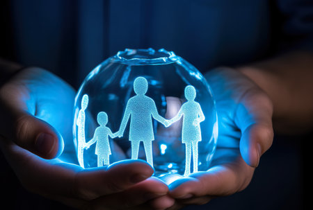 A person holding a glowing glass globe with a family inside. Generative AI image.の素材