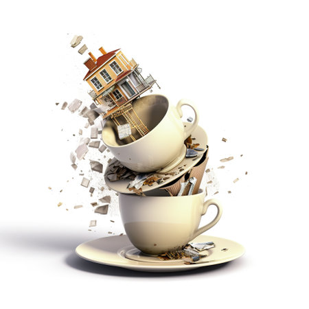 A cup of coffee with a house on top of it. Generative AI image.の素材