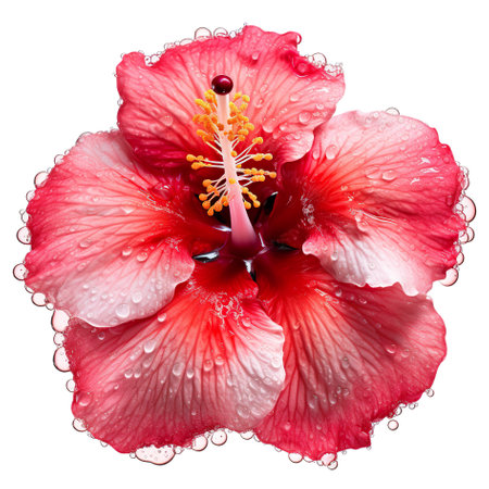 A red hibiscus flower with water droplets on it. Generative AI image.の素材