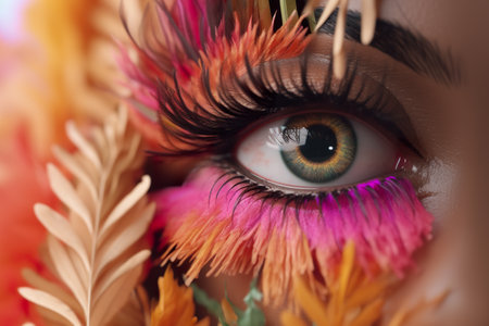 A close up of a womans eye with colorful eyelashes. Generative AI image.の素材