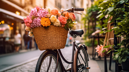 A bicycle with a basket full of flowers. Generative AI image.の素材