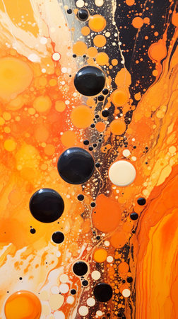 An abstract painting of orange, black, and white bubbles. Generative AI image.の素材