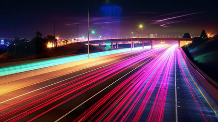 A long exposure photo of a highway at night. Generative AI image.の素材