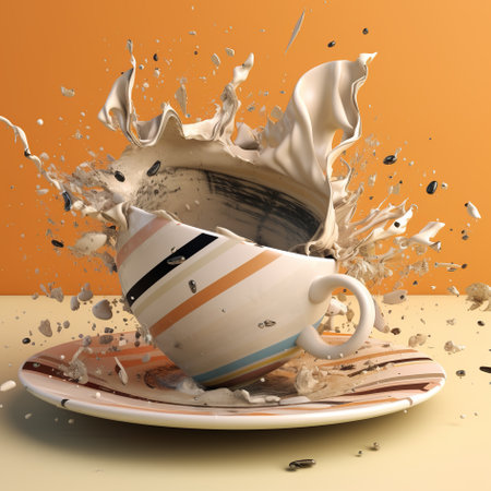 A broken coffee cup and saucer on a plate. Generative AI image.の素材