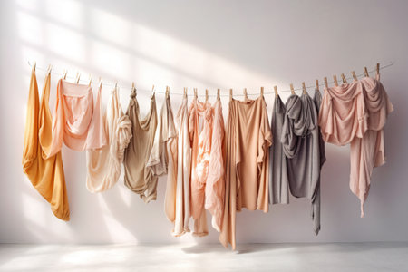 A row of clothes hanging on a clothes line. Generative AI image.の素材