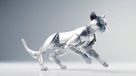 A cat made out of silver metal on a white surface. Generative AI image.の素材