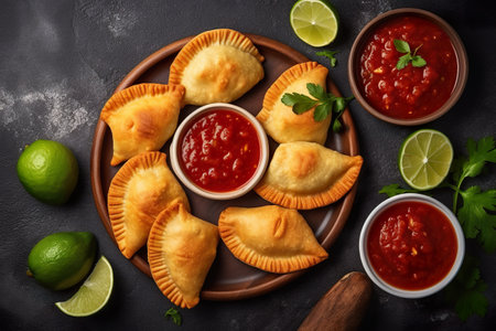 A plate of empanadas with salsa and limes. Generative AI image.の素材